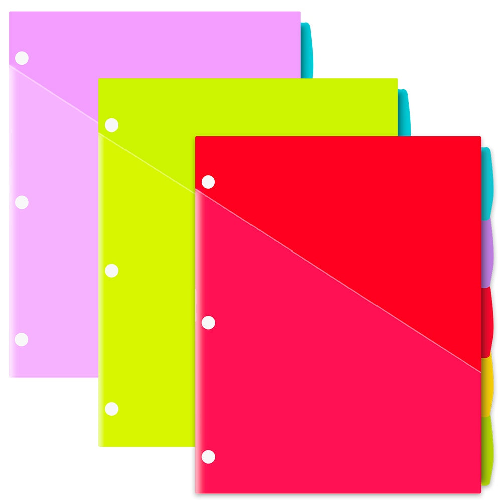 INFUN Plastic 5-Tab Binder Dividers with 2 Pockets - 3 Sets,15PCS Multicolor 2 Pocket Dividers with 3 Holes for 3 Ring Binders ，Total 15 Tabs