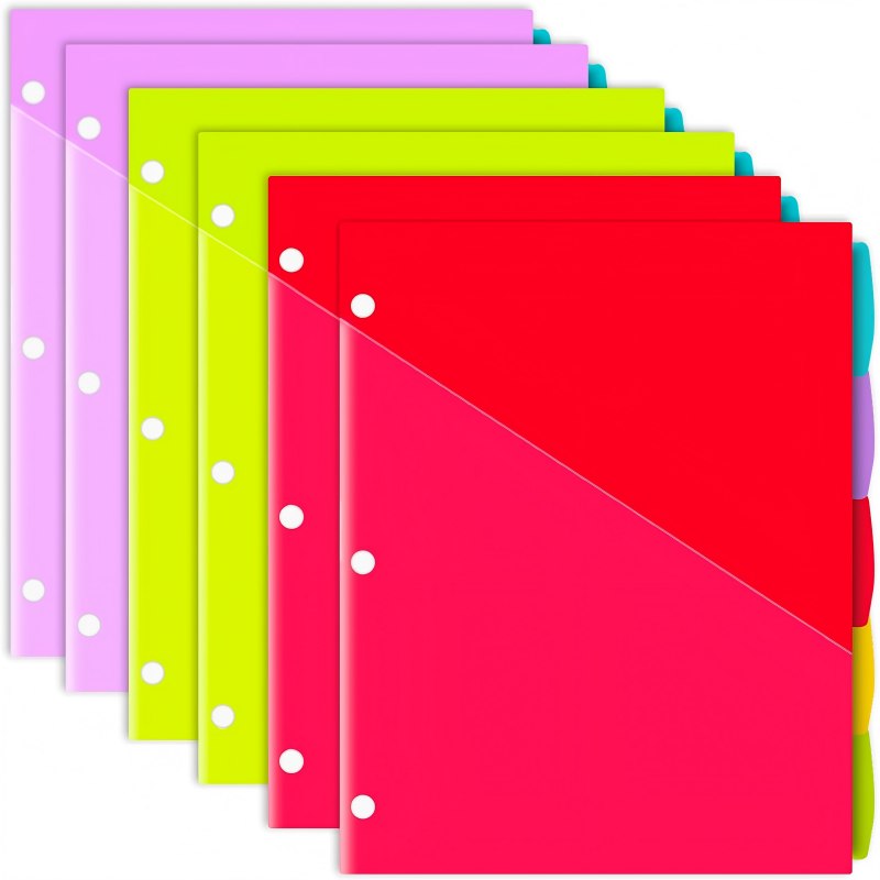INFUN Plastic 5-Tab Binder Dividers with 2 Pockets - 3 Sets,15PCS Multicolor 2 Pocket Dividers with 3 Holes for 3 Ring Binders ，Total 15 Tabs