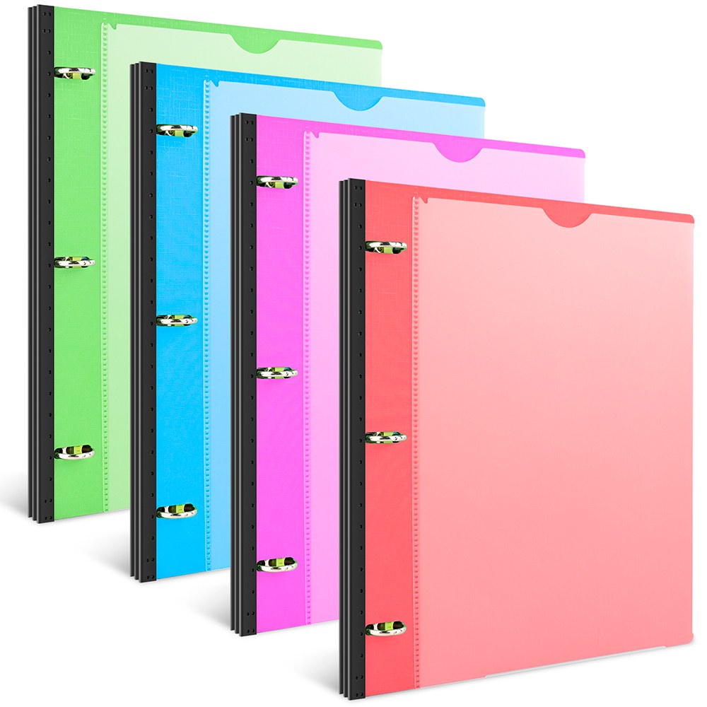 INFUN 0.75 Inch Telescoping 3 Ring Binder - 4 PCS, Flexible Round Binder with Customizable Front Cover and Clear Catalog Pocket, 0.75Inch Rings, 160 Sheet Capacity-Black