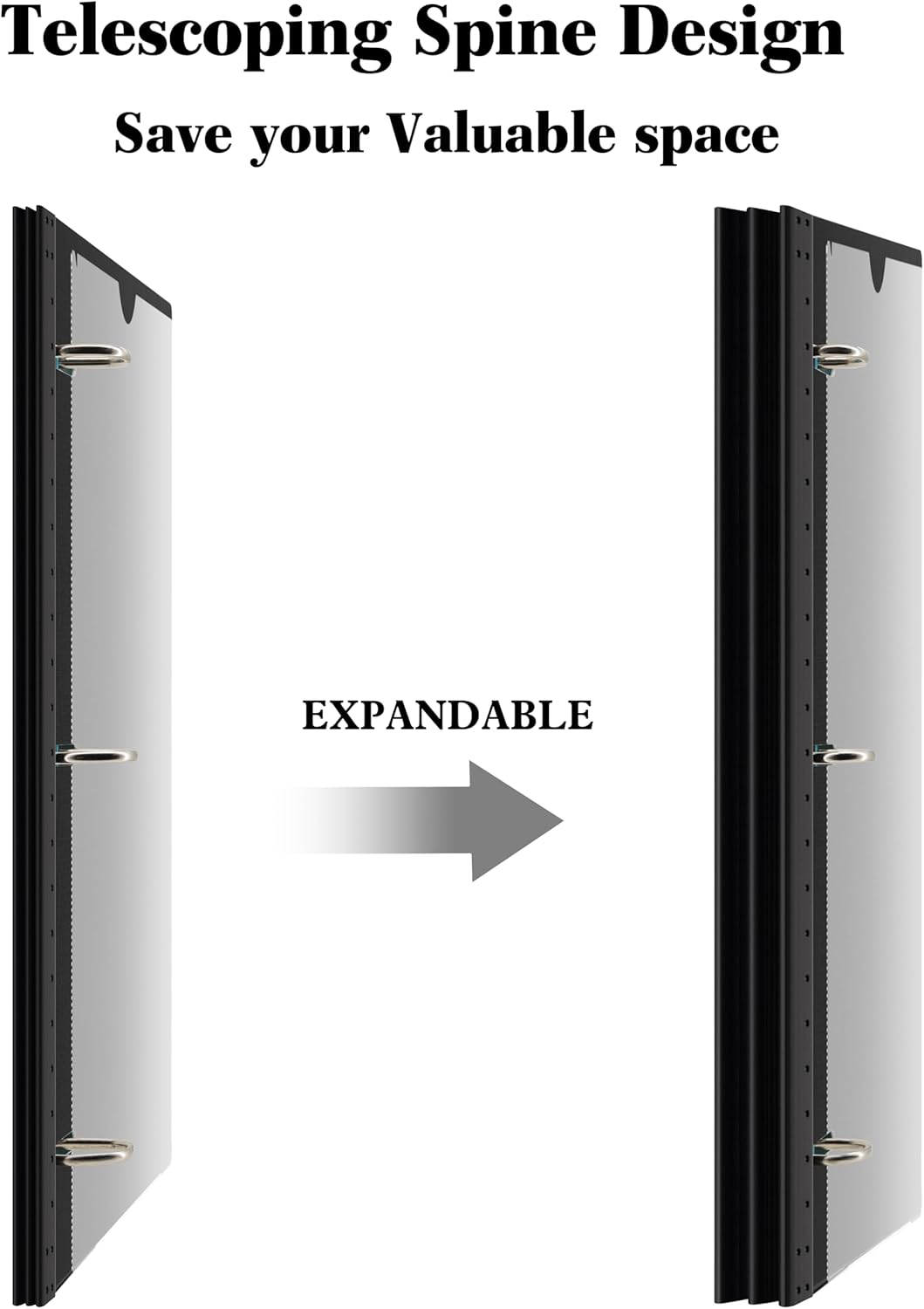 INFUN 0.75 Inch Telescoping 3 Ring Binder - 4 PCS, Flexible Round Binder with Customizable Front Cover and Clear Catalog Pocket, 0.75Inch Rings, 160 Sheet Capacity-Black