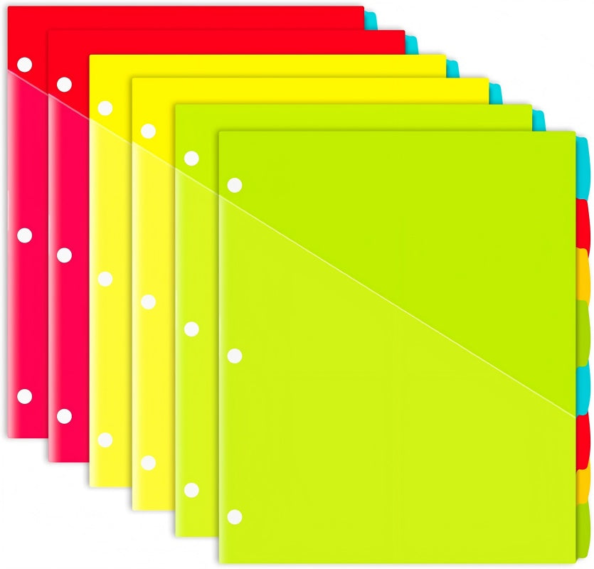 INFUN Plastic 5-Tab Binder Dividers with 2 Pockets - 3 Sets,15PCS Multicolor 2 Pocket Dividers with 3 Holes for 3 Ring Binders ，Total 15 Tabs