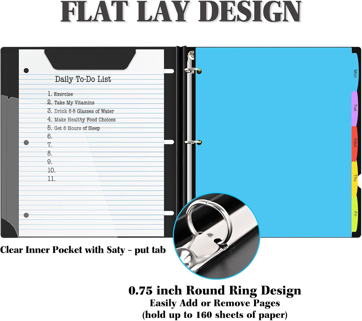 INFUN 0.75 Inch Telescoping 3 Ring Binder - 4 PCS, Flexible Round Binder with Customizable Front Cover and Clear Catalog Pocket, 0.75Inch Rings, 160 Sheet Capacity-Black