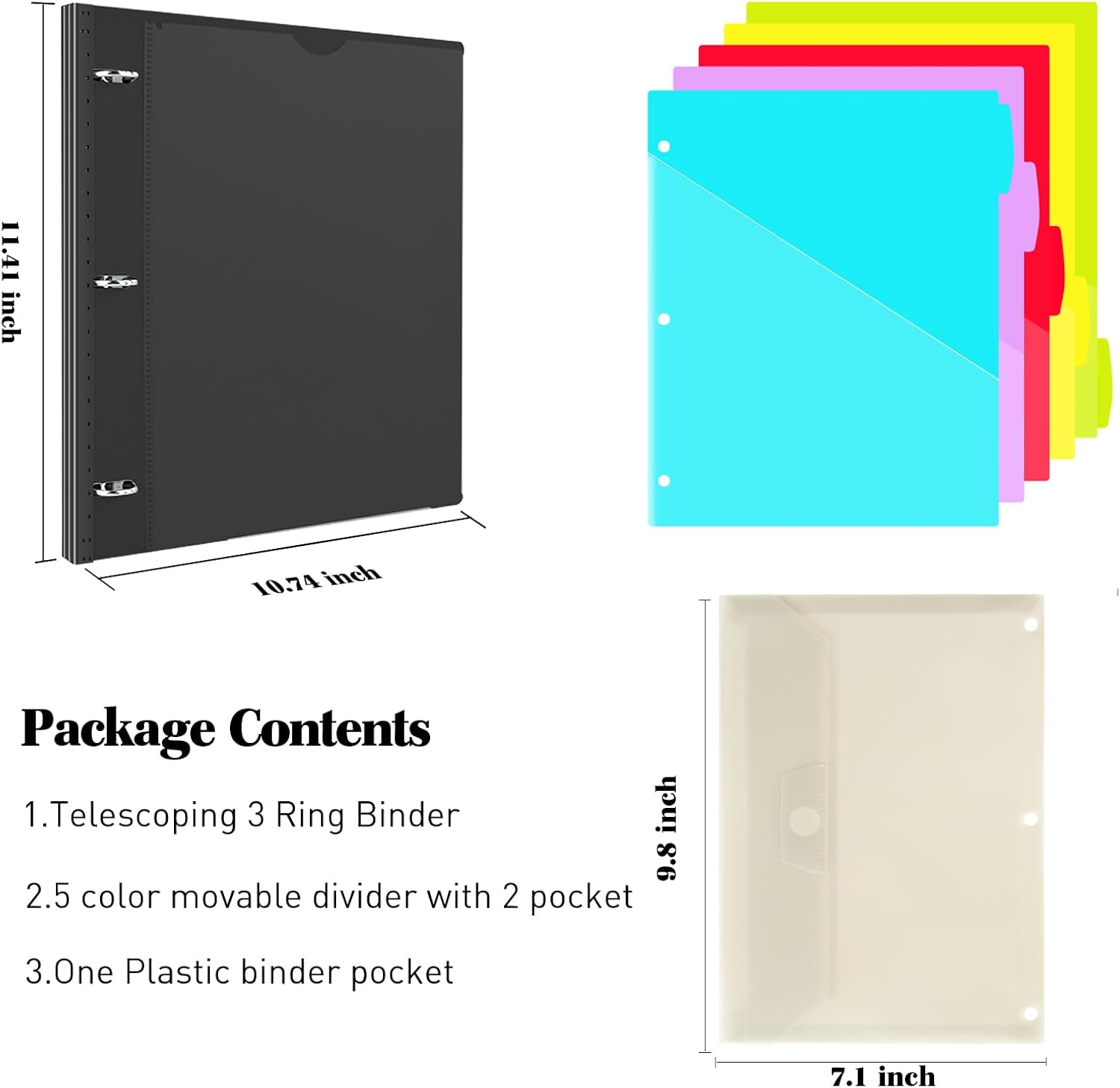 INFUN 1 Inch 3-Ring Telescoping Project Organizer Binder,13 Pocket, Customizable Front Cover, 5 Colors Pocket Divider and Plastic Binder Pocket，225 Sheet Capacity