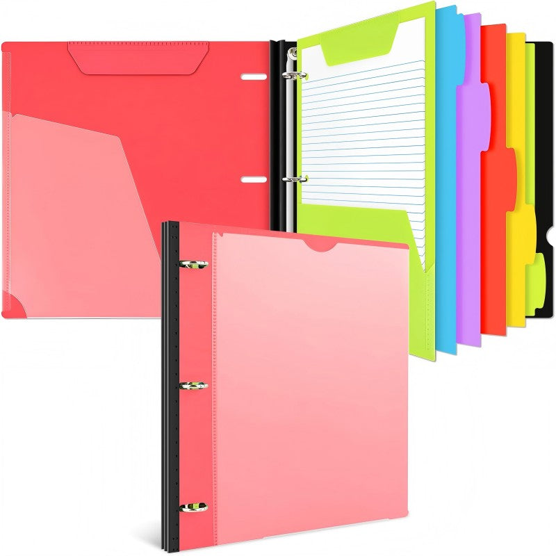 INFUN All-in-one Telescoping Binder Notebook，3 Ring Notebook Binder with 1 Plastic Movable Pocket Folder,5 Plastic Subject dividers and Graph Paper and College Ruled Paper - Red