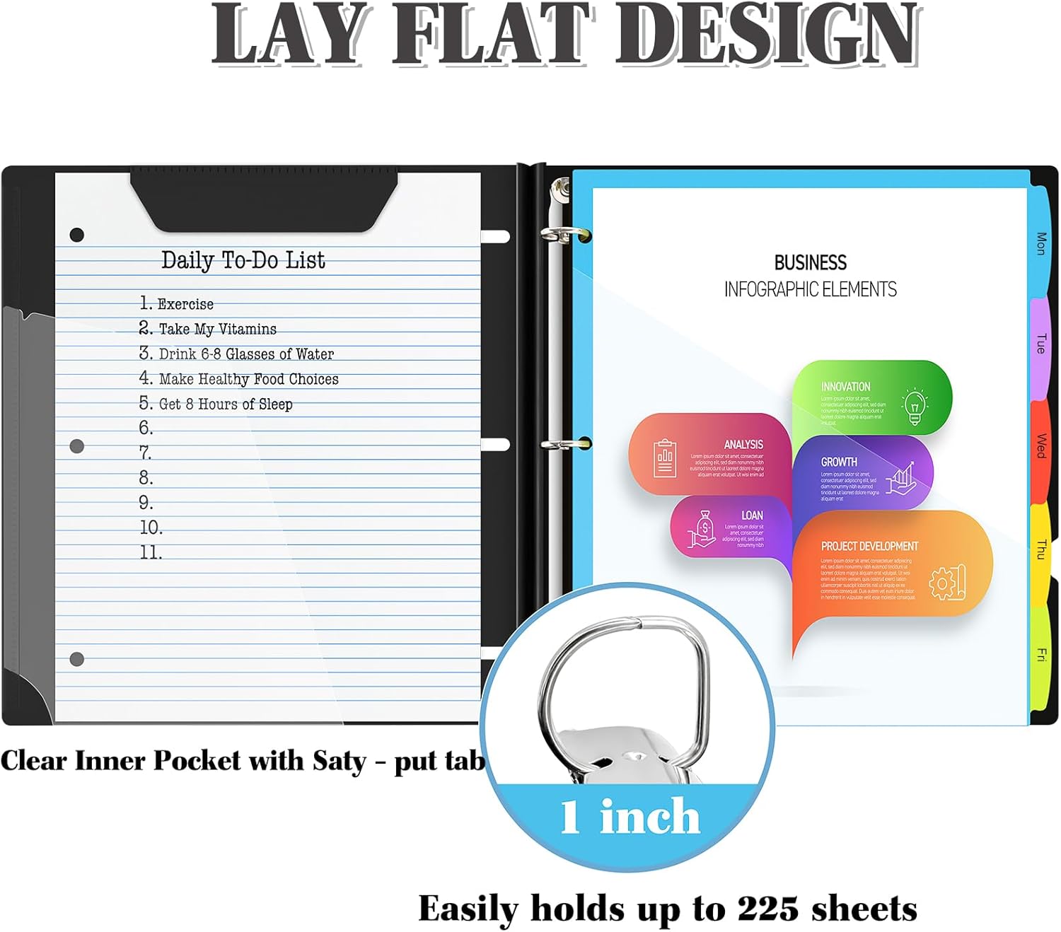 INFUN 1 Inch 3-Ring Telescoping Project Organizer Binder,13 Pocket, Customizable Front Cover, 5 Colors Pocket Divider and Plastic Binder Pocket，225 Sheet Capacity