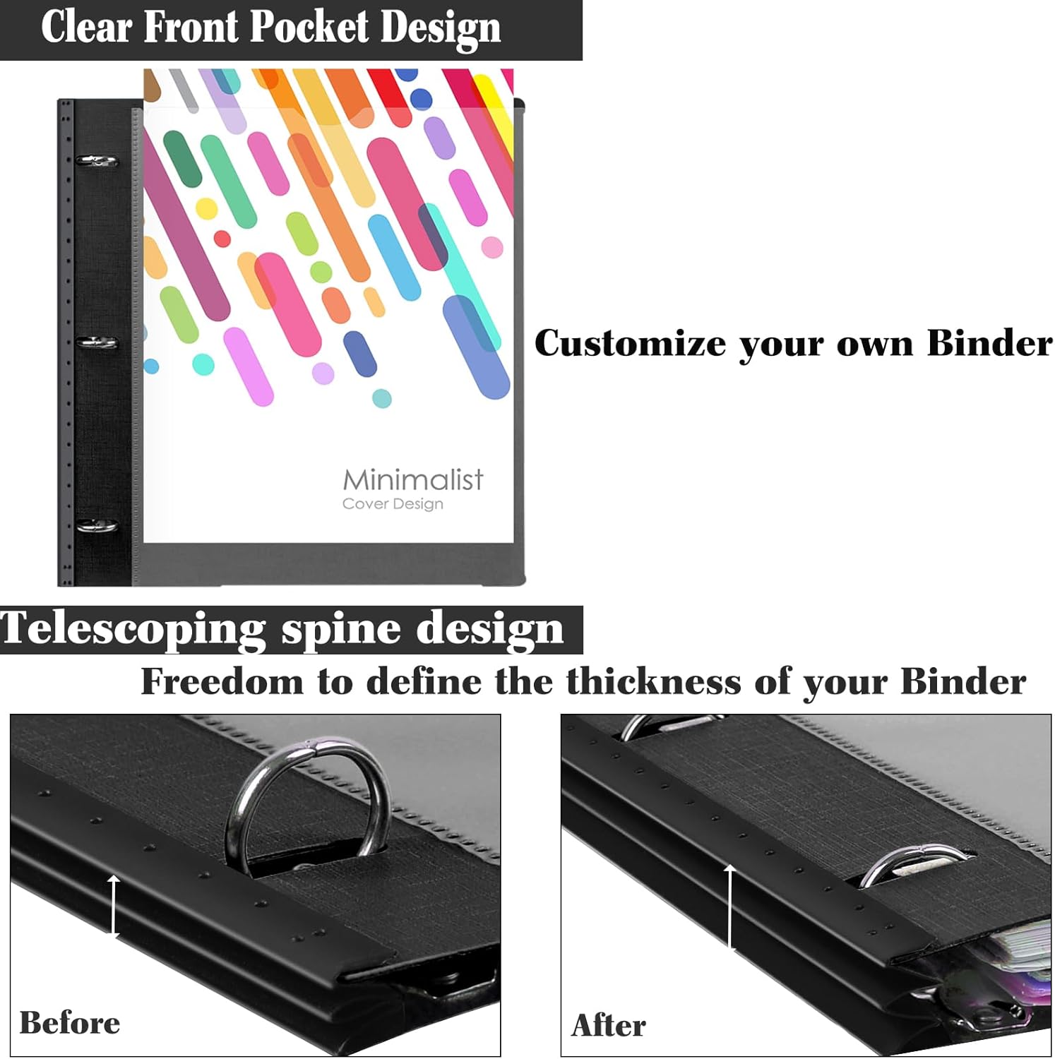 INFUN 1 Inch 3-Ring Telescoping Project Organizer Binder,13 Pocket, Customizable Front Cover, 5 Colors Pocket Divider and Plastic Binder Pocket，225 Sheet Capacity