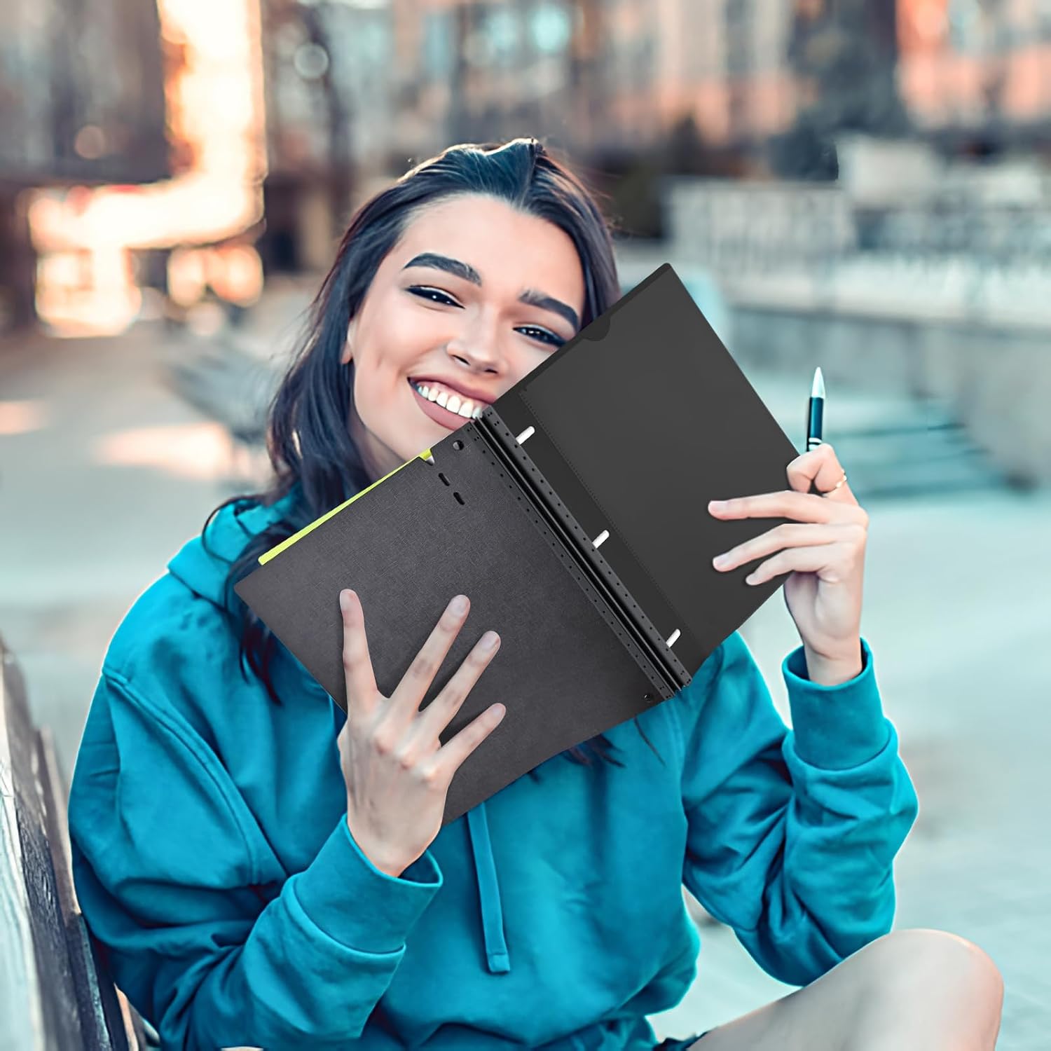 INFUN 0.75 Inch Telescoping 3 Ring Binder - 4 PCS, Flexible Round Binder with Customizable Front Cover and Clear Catalog Pocket, 0.75Inch Rings, 160 Sheet Capacity-Black