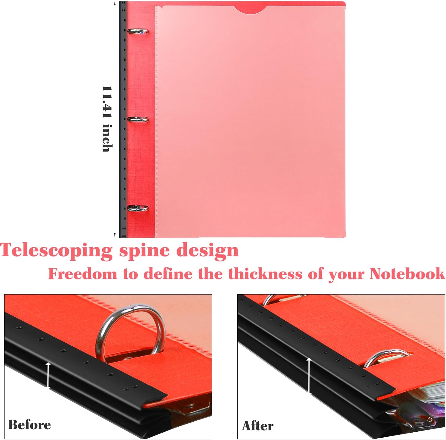 INFUN All-in-one Telescoping Binder Notebook，3 Ring Notebook Binder with 1 Plastic Movable Pocket Folder,5 Plastic Subject dividers and Graph Paper and College Ruled Paper - Red