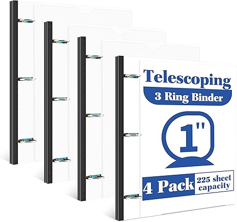 INFUN 0.75 Inch Telescoping 3 Ring Binder - 4 PCS, Flexible Round Binder with Customizable Front Cover and Clear Catalog Pocket, 0.75Inch Rings, 160 Sheet Capacity-Black