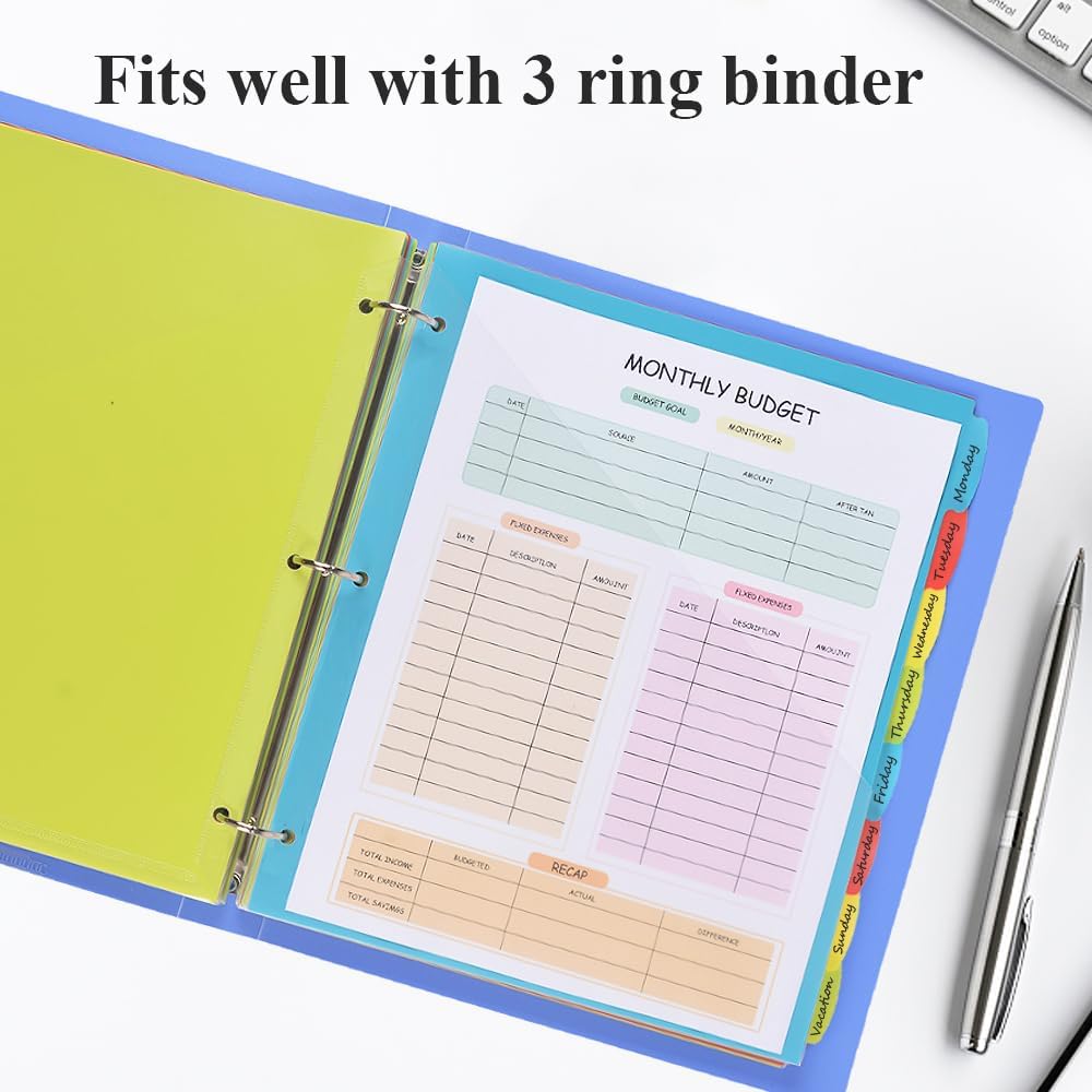 INFUN 8-Tab Plastic Binder Dividers with Front Pockets - 3 Sets, Multicolor Pocket dividers for 3-Ring Binders, dividers with tabs 24 pcs